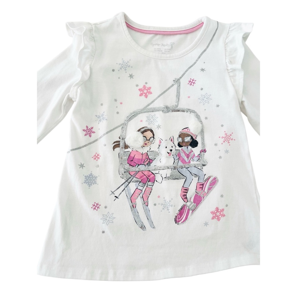 Cynthia Rowley White & Pink Long Sleeve Tee w/Sequins, Ski Print | Girls S (5/6) - Picture 2 of 6